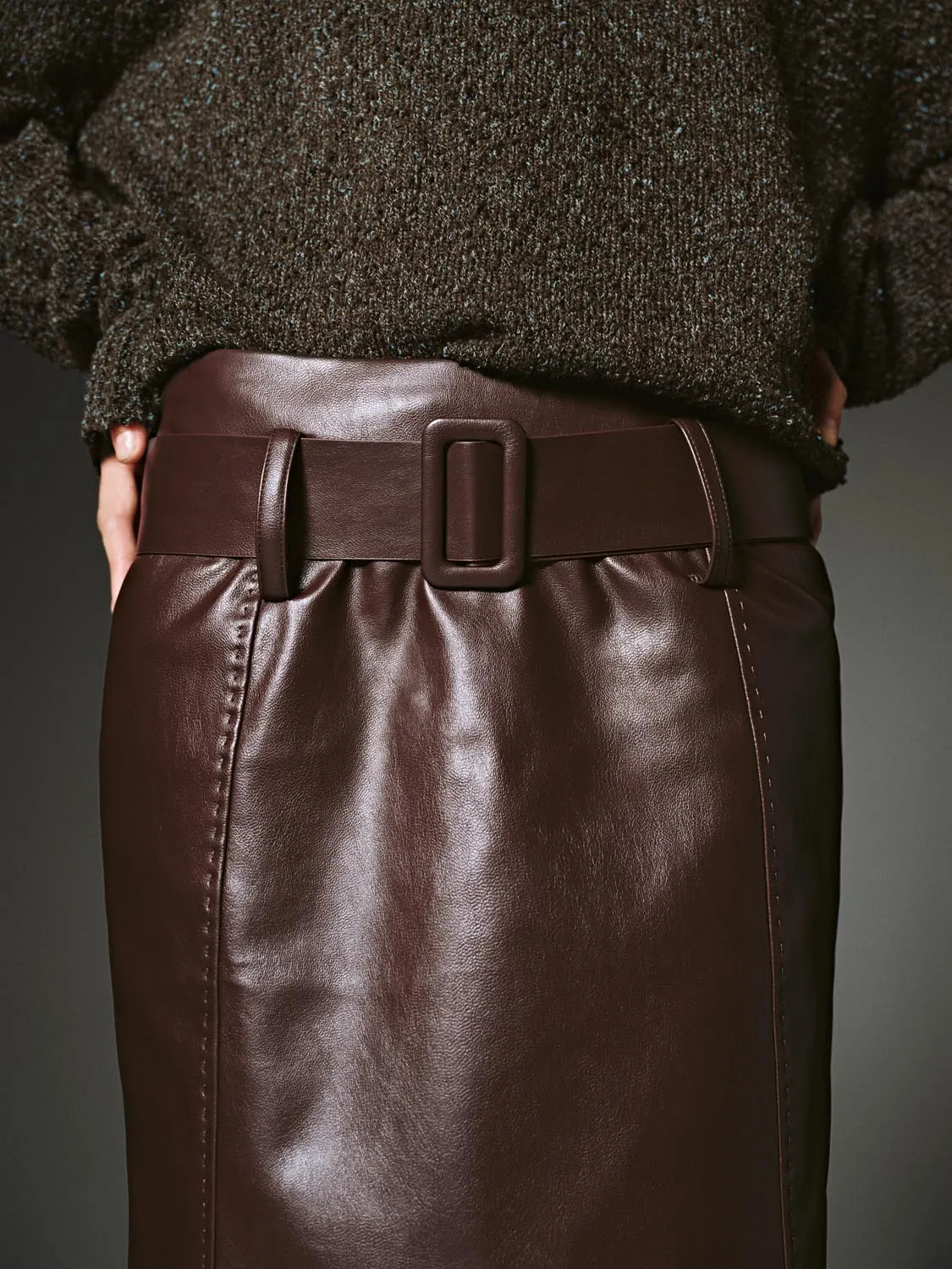 Belted Vegan Leather Straight Midi Skirts sold by Urban Revivo product image thumbnail 5