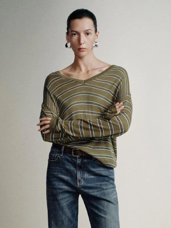 Striped V-Neck Knitted T-Shirts sold by Urban Revivo