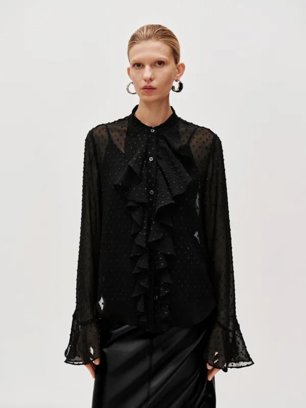 Dotted Sheer Ruffle Trim Shirts sold by Urban Revivo