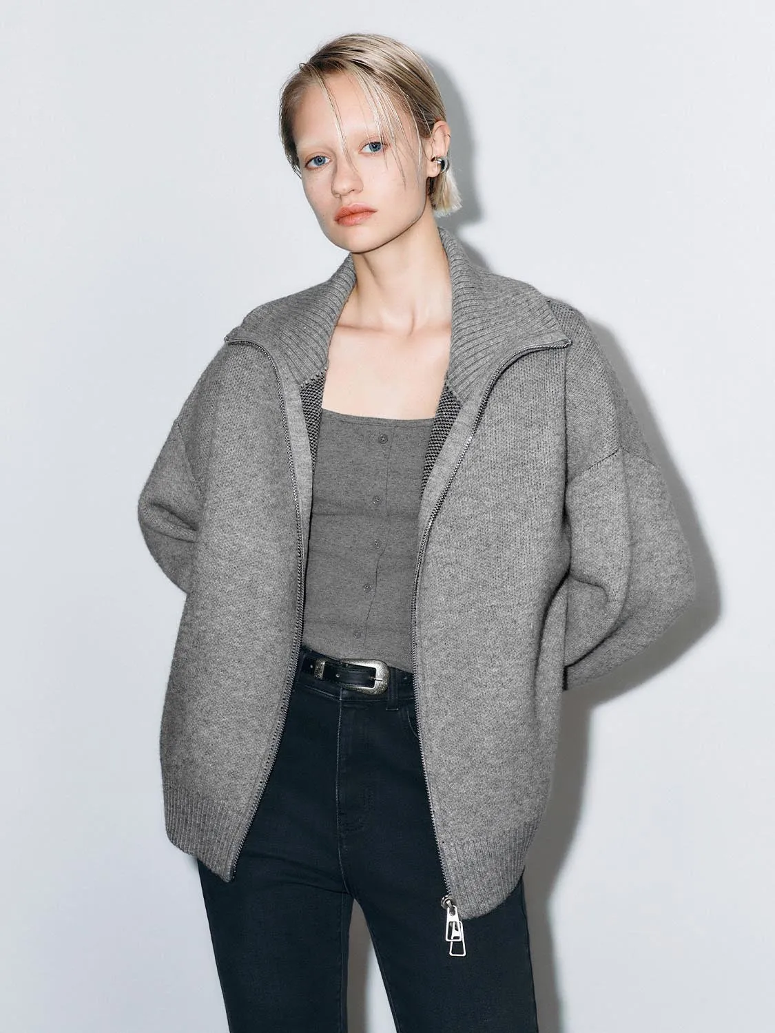 Collared Full Zip Knitted Cardigans sold by Urban Revivo