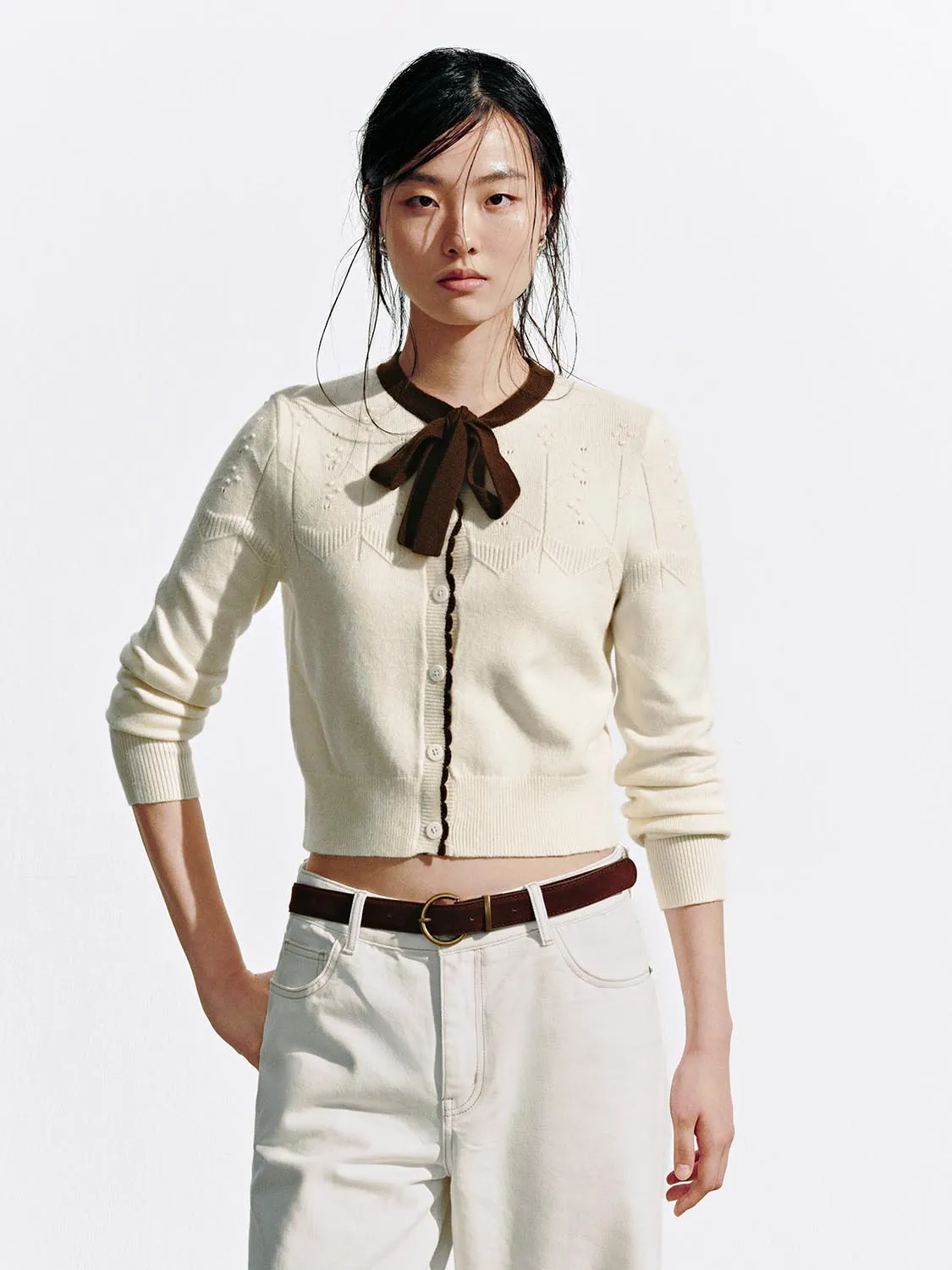 Contrast Tie Neck Knitted Cardigans sold by Urban Revivo