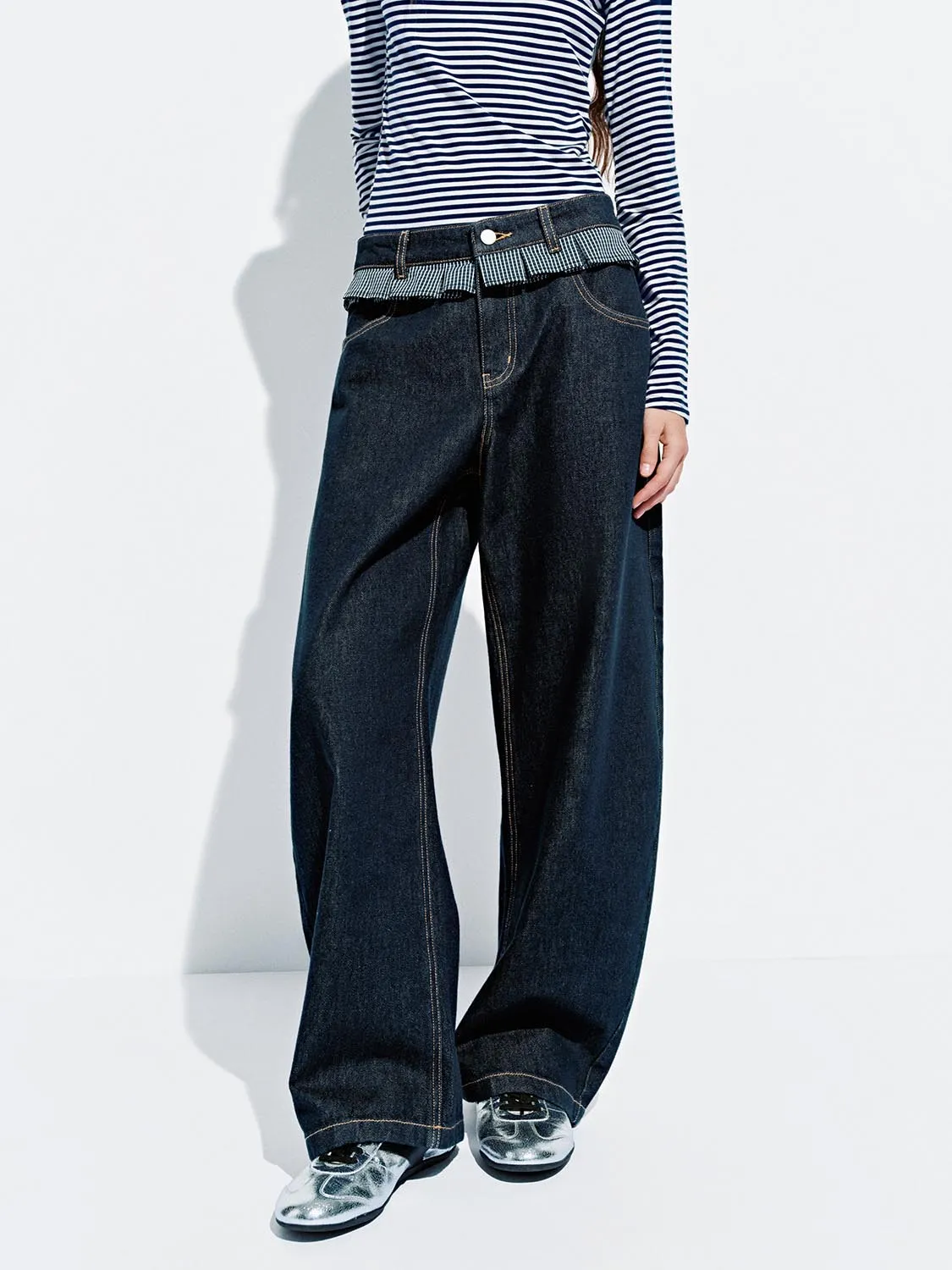 Ruffle Trim Barrel Leg Jeans sold by Urban Revivo