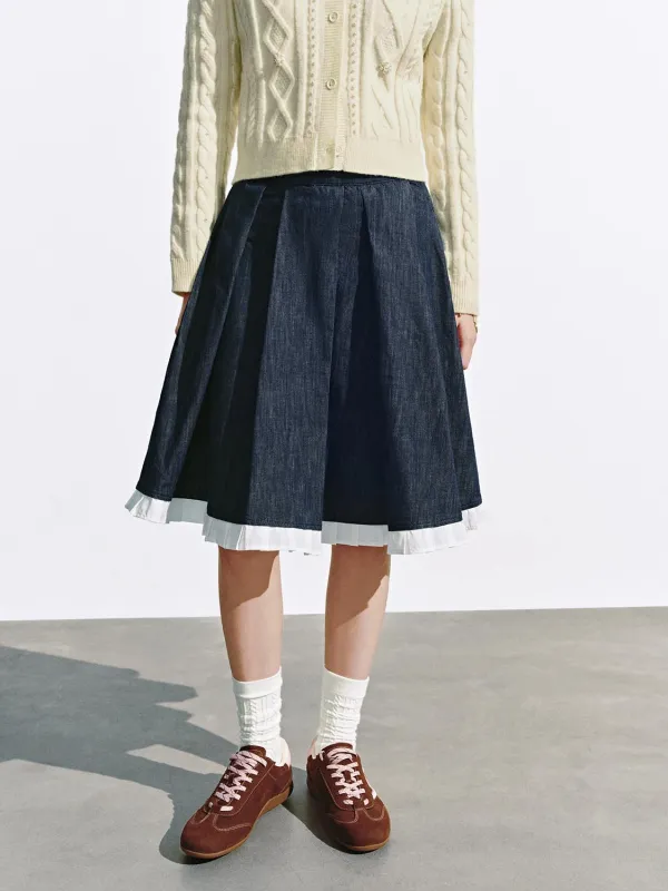Contrast Hem Pleated Denim Skirts sold by Urban Revivo