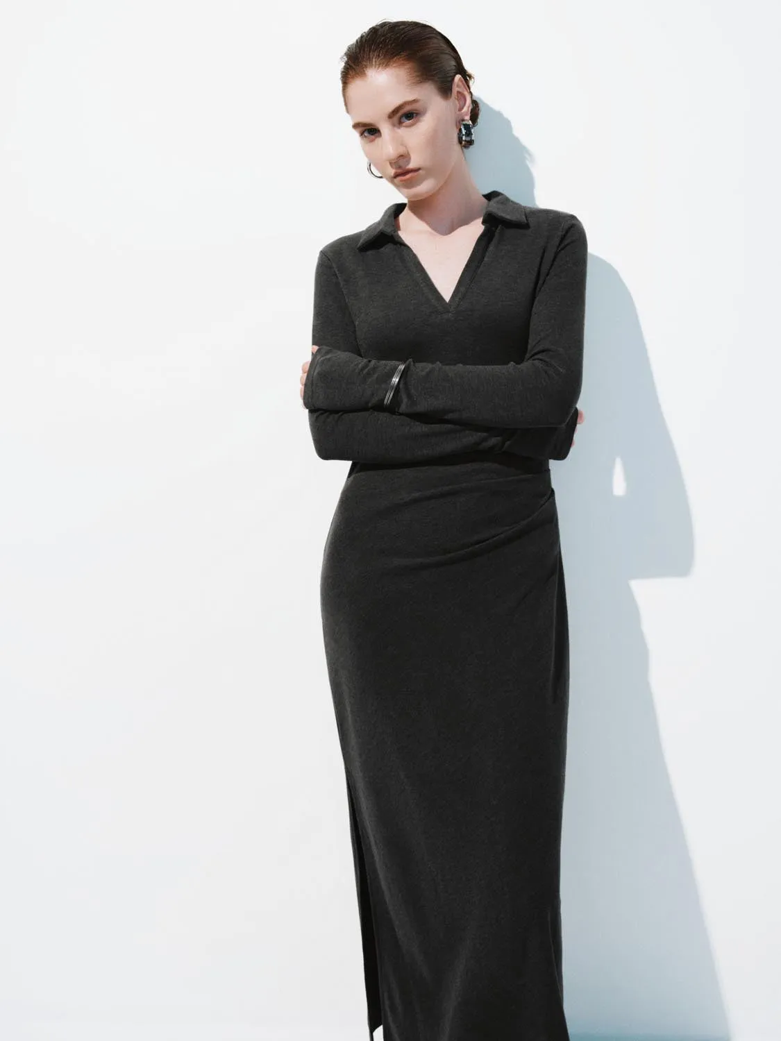 Collared Ruched Skinny Fit Maxi Dresses sold by Urban Revivo product image thumbnail 4
