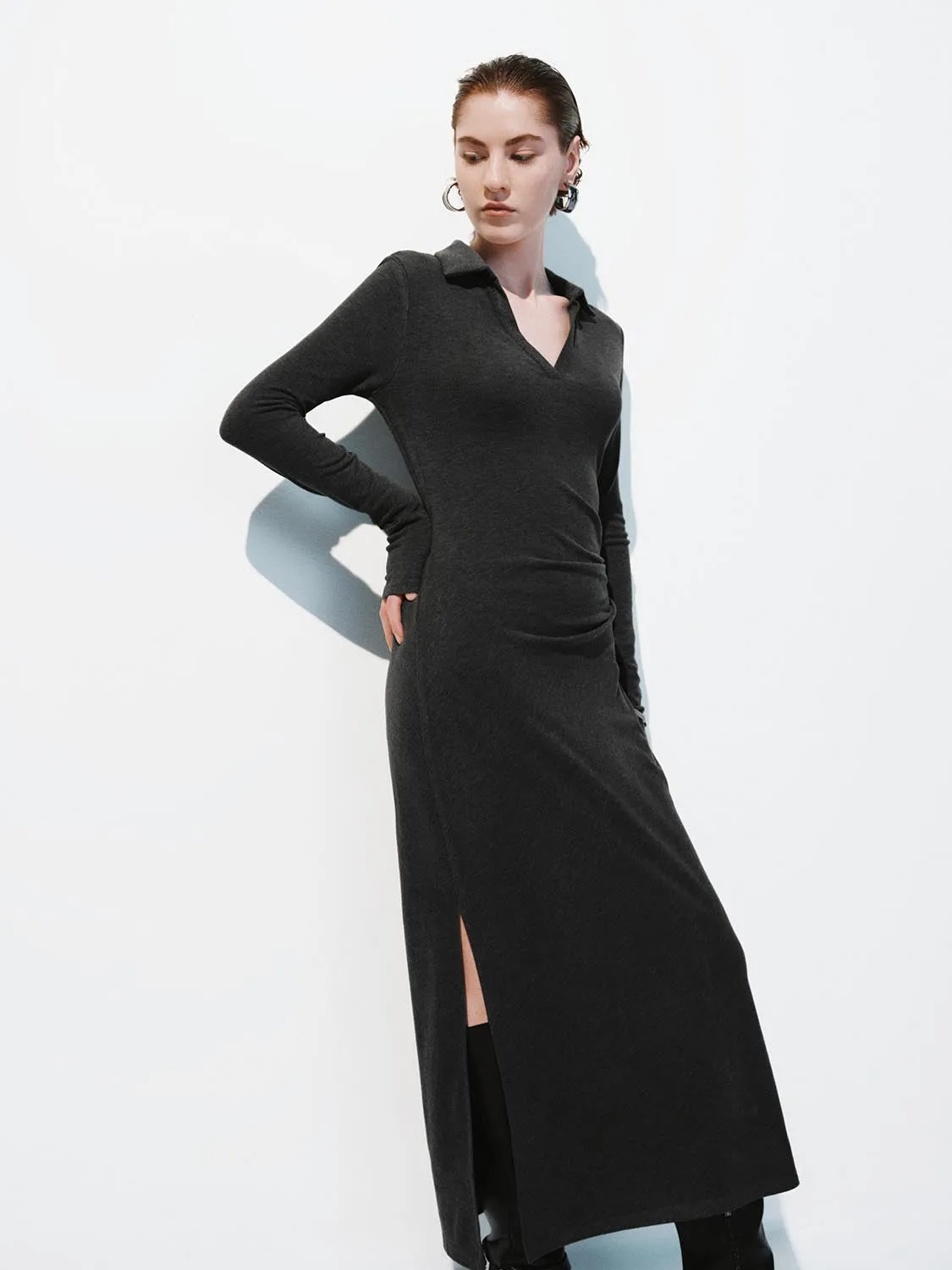 Collared Ruched Skinny Fit Maxi Dresses sold by Urban Revivo product image thumbnail 2