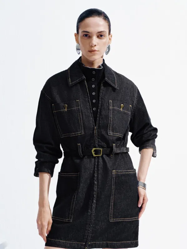 Patch Pockets Belted Denim Midi Dresses sold by Urban Revivo