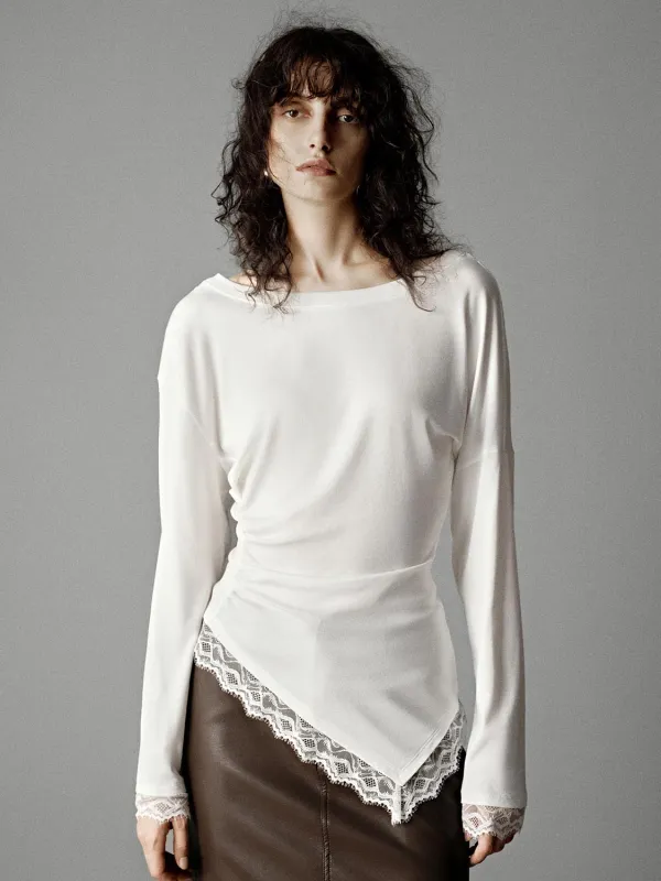 Lace Trim Ruched Long Sleeve T-Shirts sold by Urban Revivo