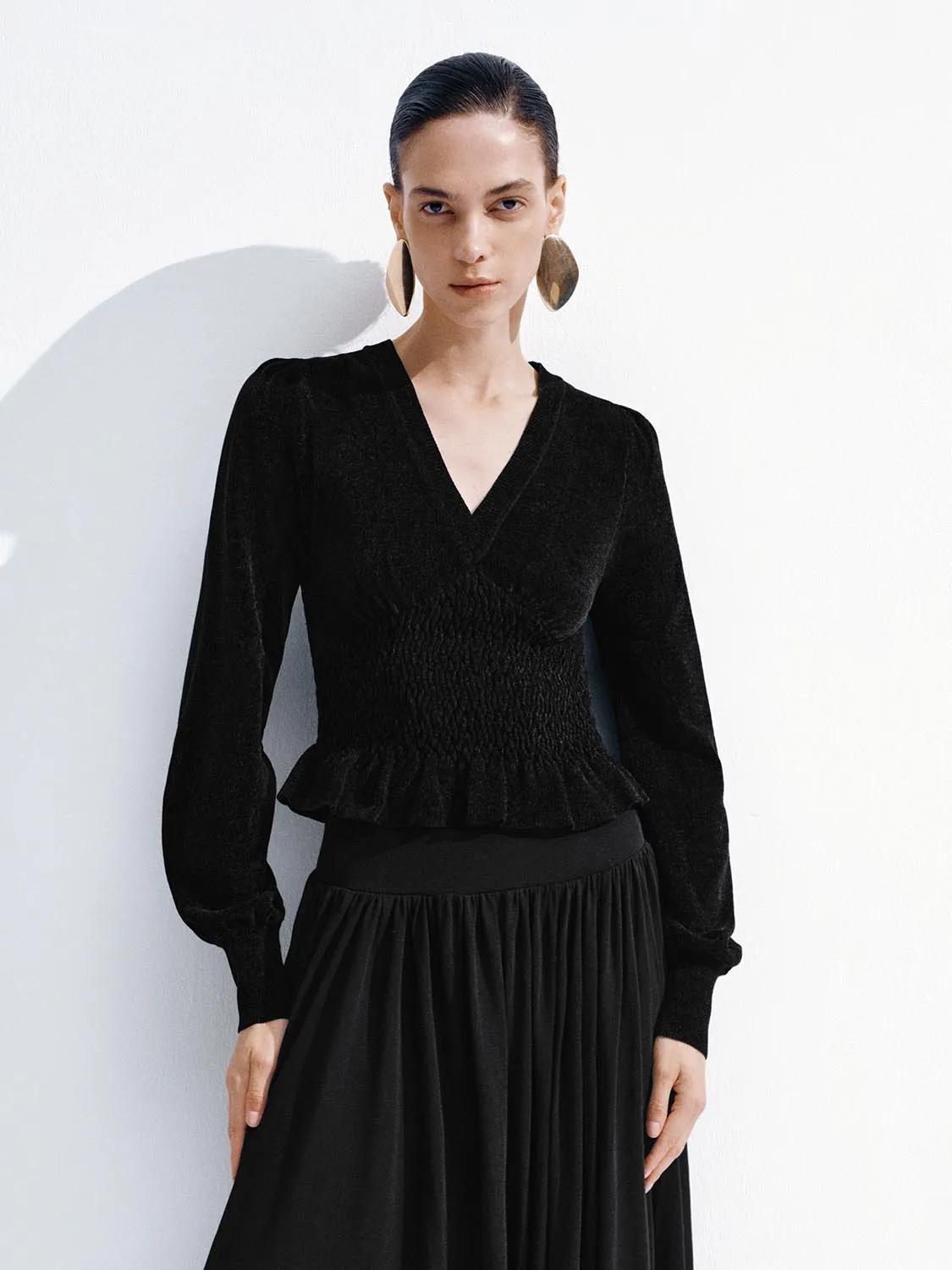 V-Neck Ruffle Long Sleeve Knitted T-Shirts sold by Urban Revivo