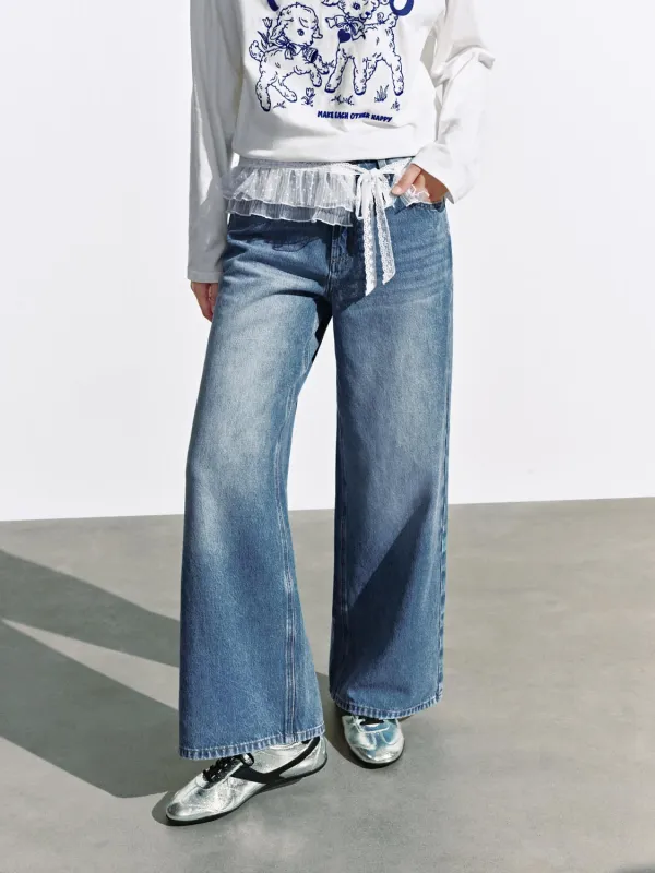 Lace Trim Wide Leg Jeans sold by Urban Revivo