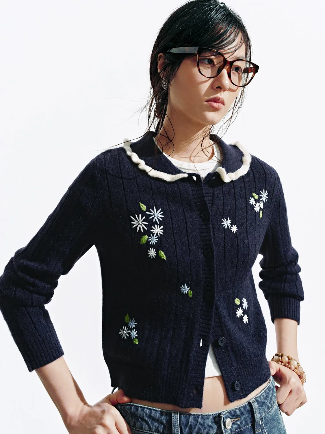 Frill Collar Embroidered Knitted Cardigans sold by Urban Revivo product image thumbnail 3