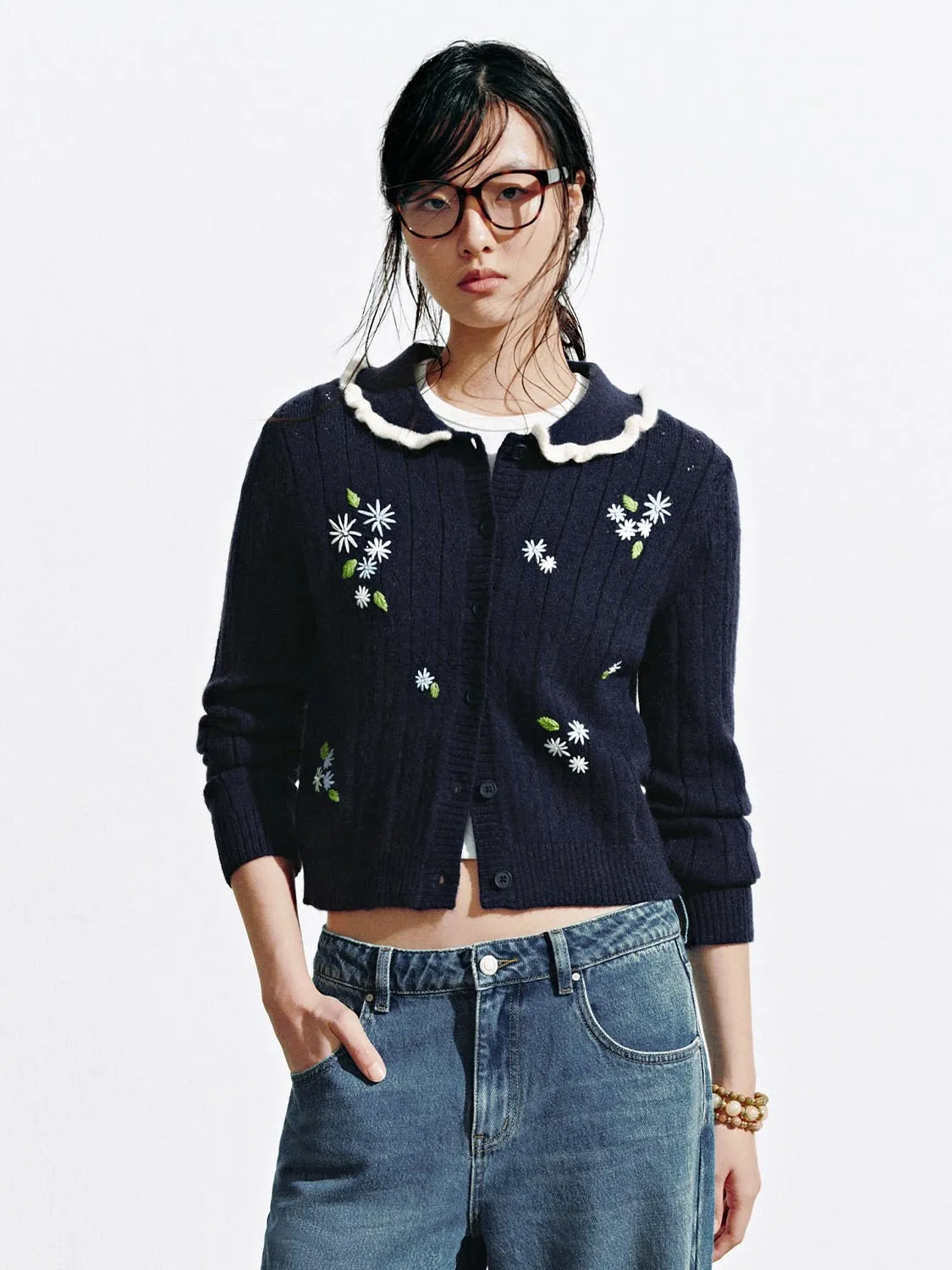 Frill Collar Embroidered Knitted Cardigans sold by Urban Revivo