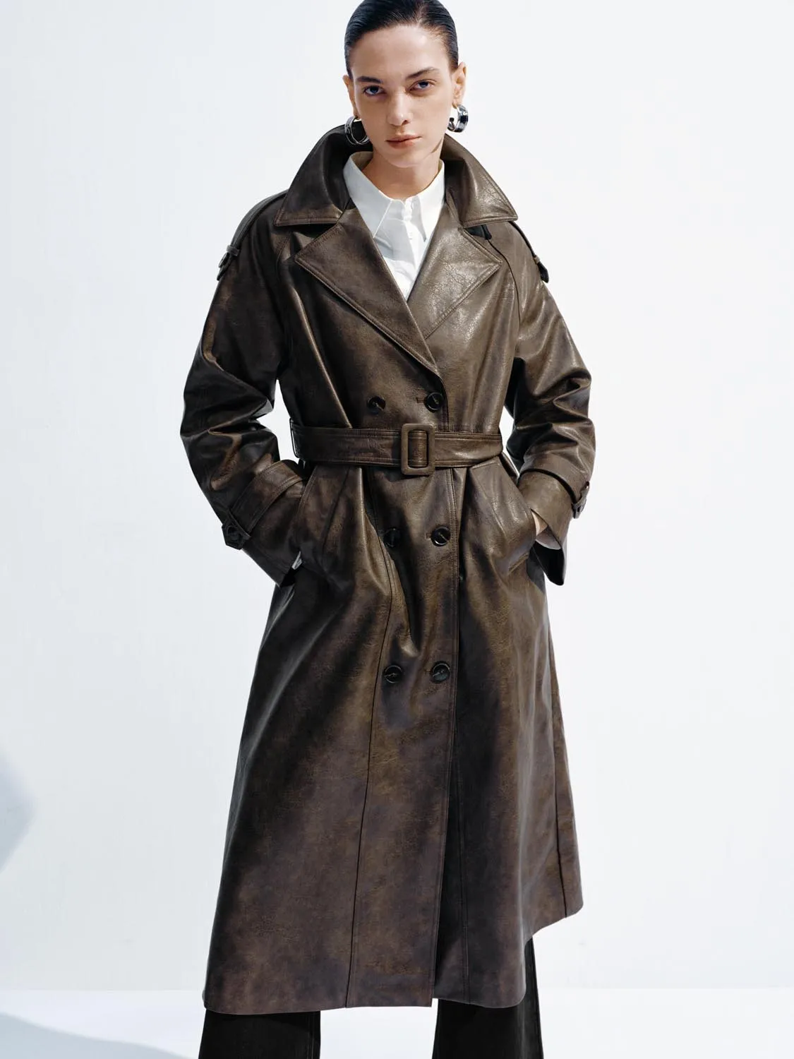 Faux Leather Belted Oversize Trench Coats sold by Urban Revivo product image thumbnail 5