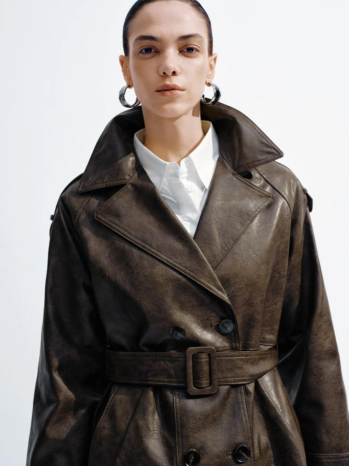 Faux Leather Belted Oversize Trench Coats sold by Urban Revivo product image thumbnail 3