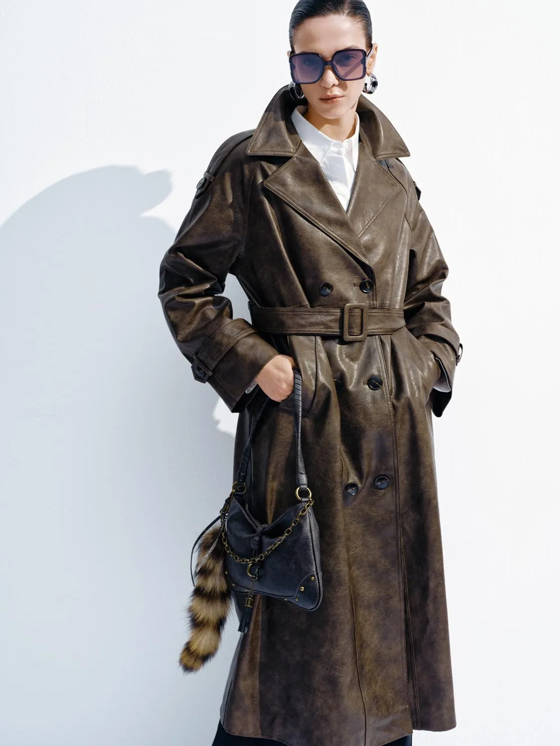 Faux Leather Belted Oversize Trench Coats sold by Urban Revivo product image thumbnail 2