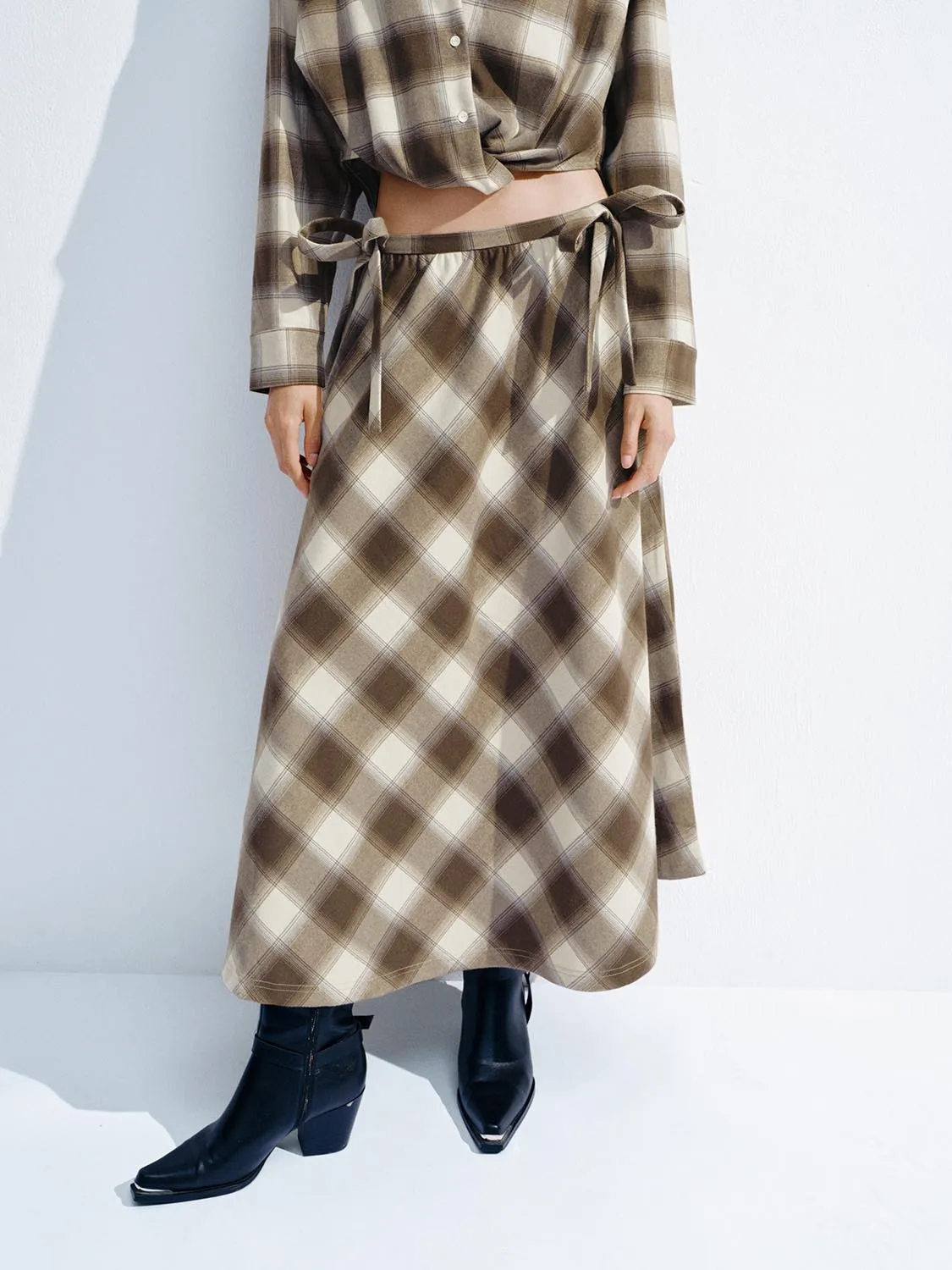 String Detail Check Midi Skirts sold by Urban Revivo