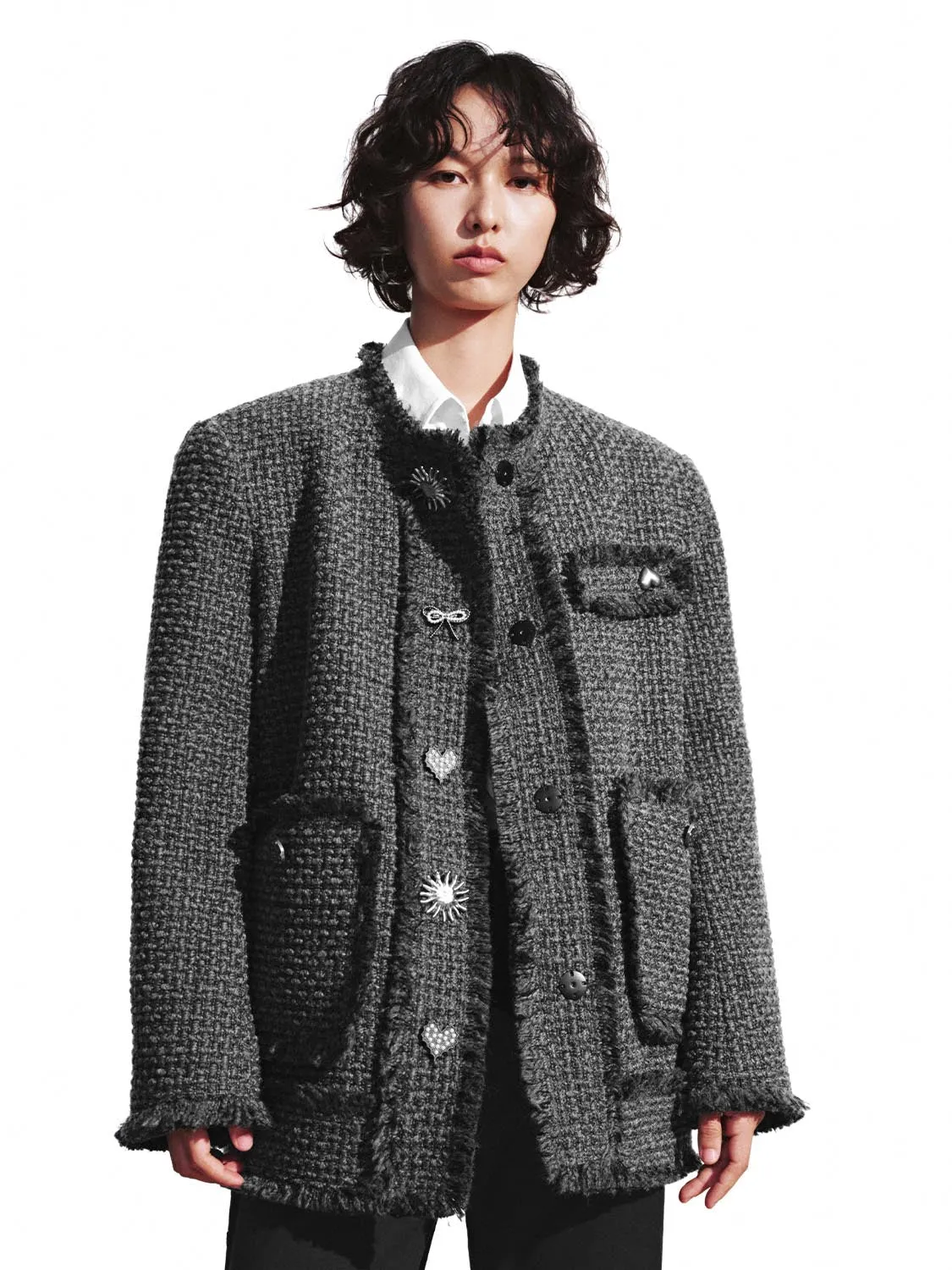 Metal Button Patch Pockets Tweed Wool Blend Jackets sold by Urban Revivo