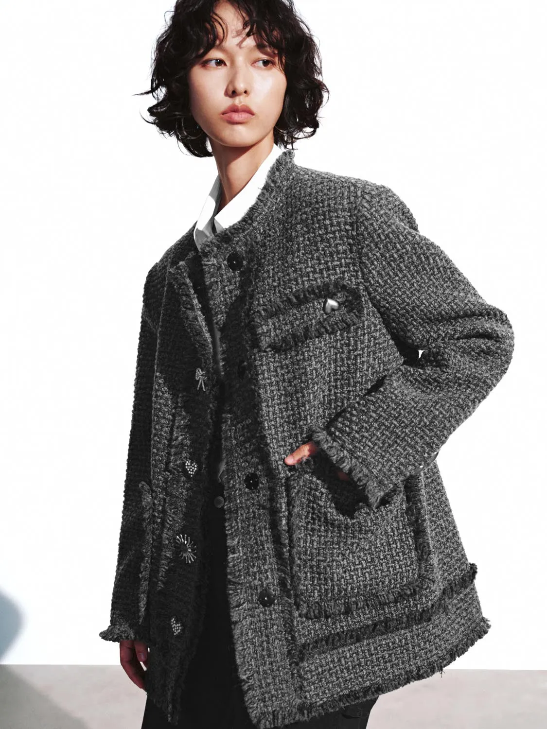 Metal Button Patch Pockets Tweed Wool Blend Jackets sold by Urban Revivo product image thumbnail 2