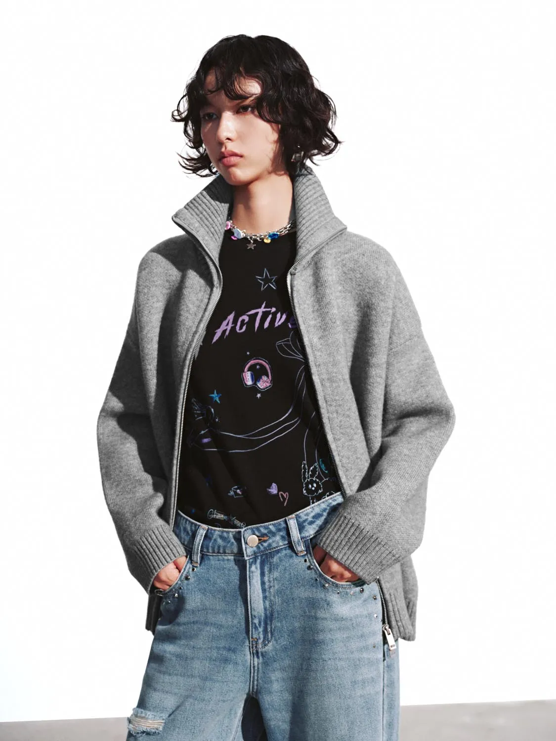 Funnel Neck Full Zip Knitted Cardigans sold by Urban Revivo product image thumbnail 2