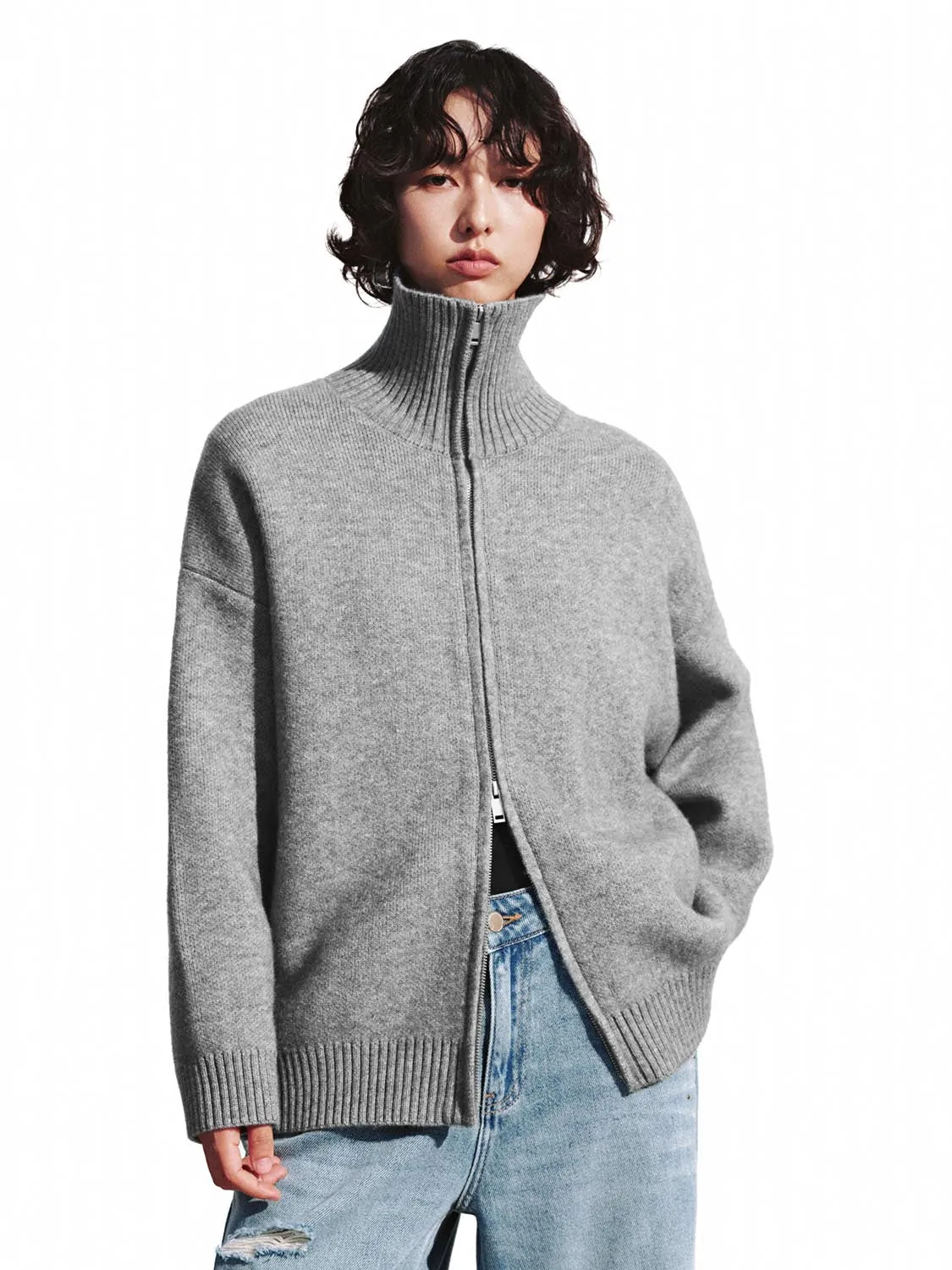 Funnel Neck Full Zip Knitted Cardigans sold by Urban Revivo
