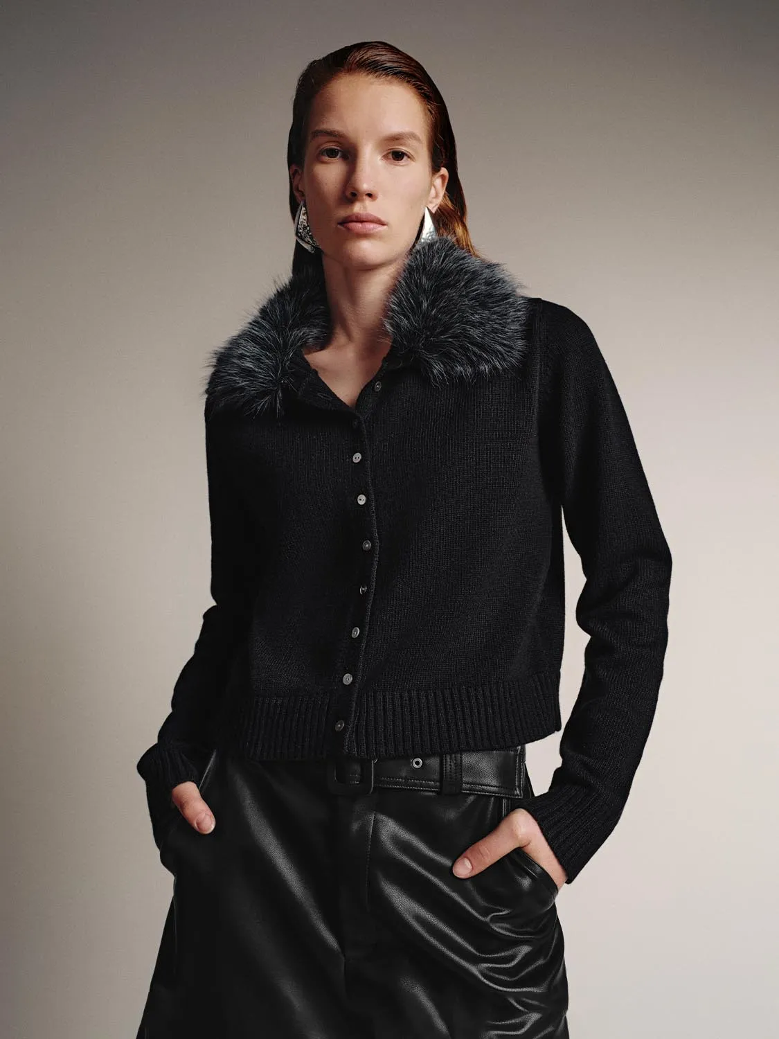 Faux Fur Collar Knitted Cardigans sold by Urban Revivo