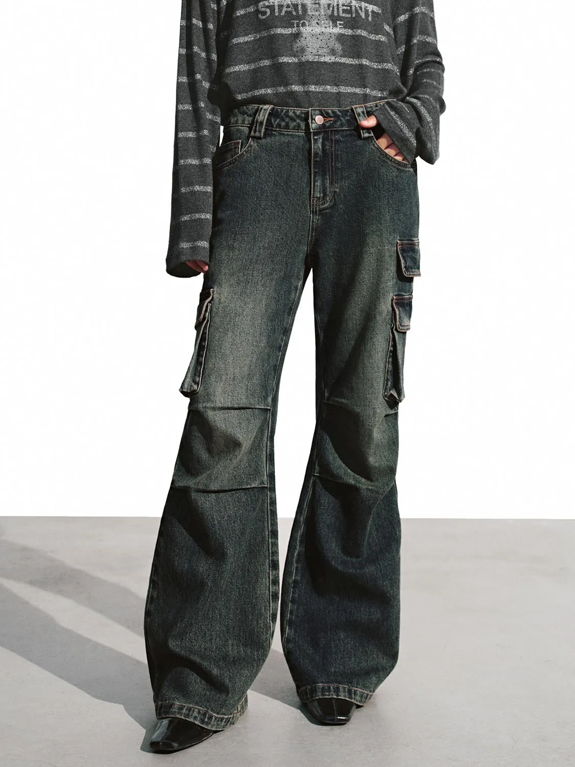 Flap Pocket Flare Leg Jeans sold by Urban Revivo