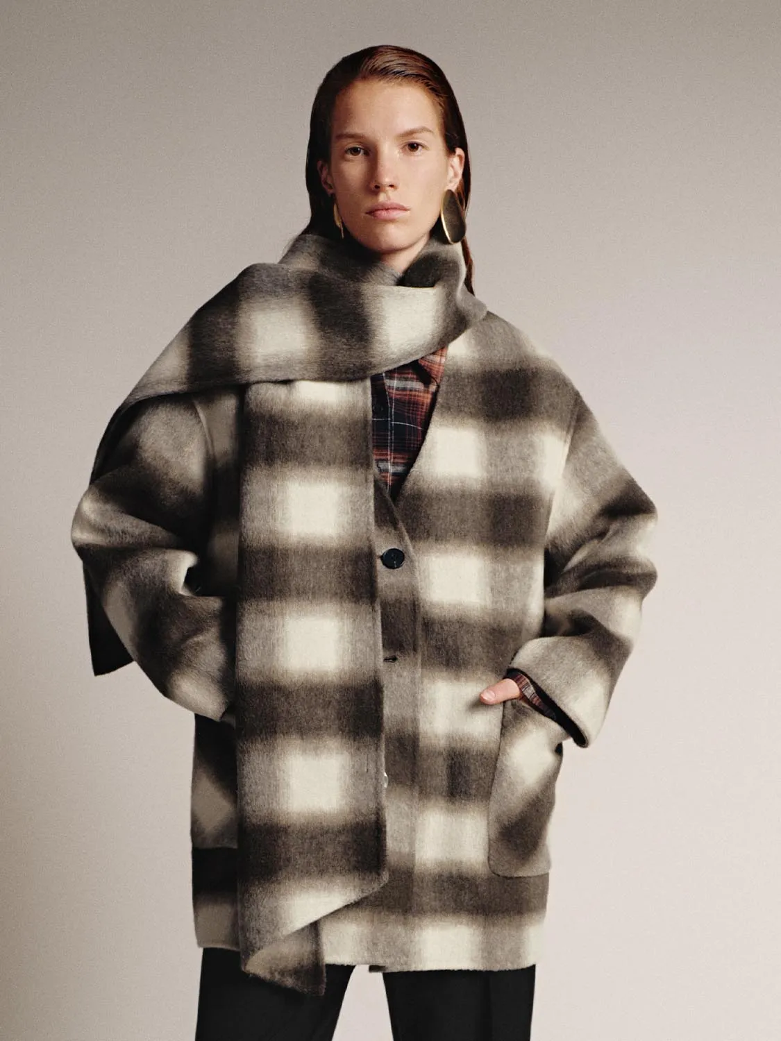 Oversize Scarf Neck Wool Blend Check Coats sold by Urban Revivo