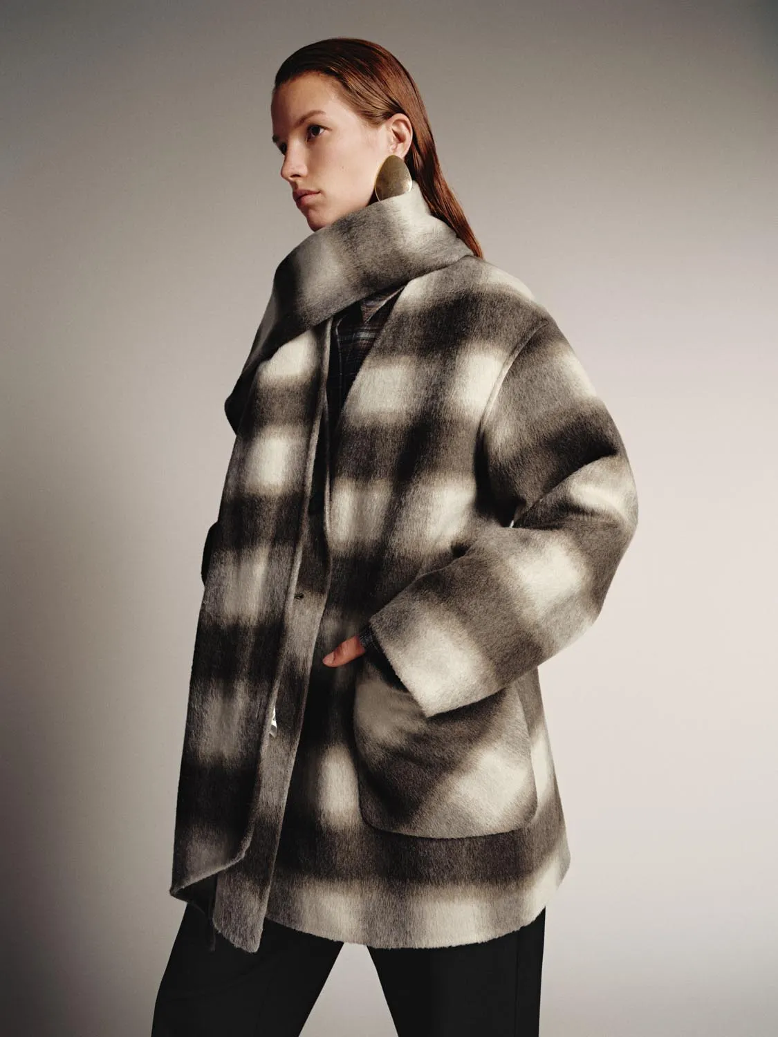 Oversize Scarf Neck Wool Blend Check Coats sold by Urban Revivo product image thumbnail 2