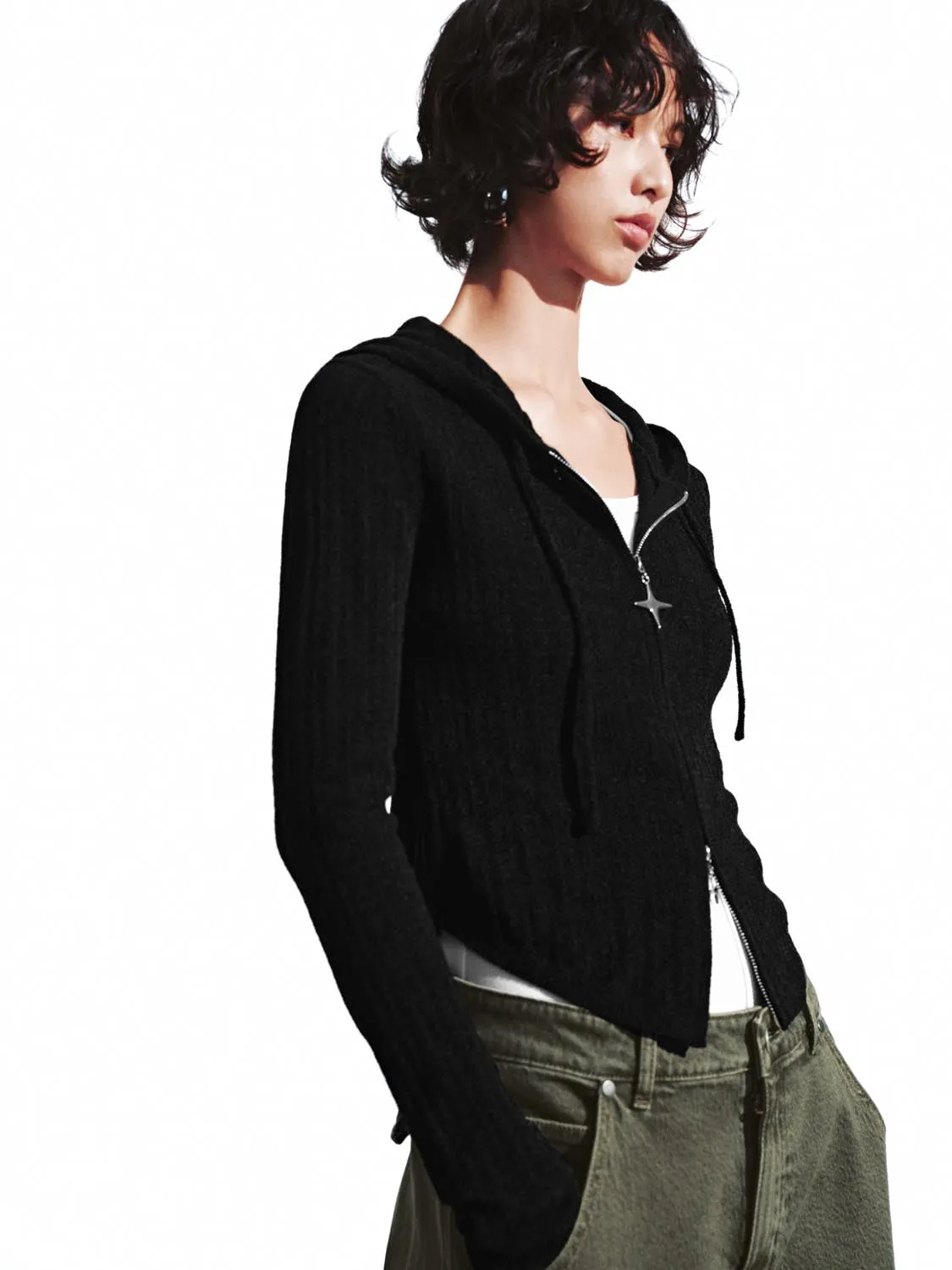 Slim Hooded Zip Up Knitted Cardigans sold by Urban Revivo product image thumbnail 2