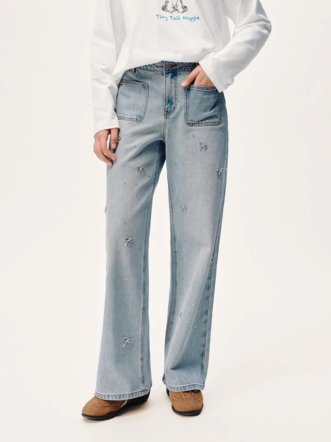Bow Detail Wide Leg Jeans sold by Urban Revivo