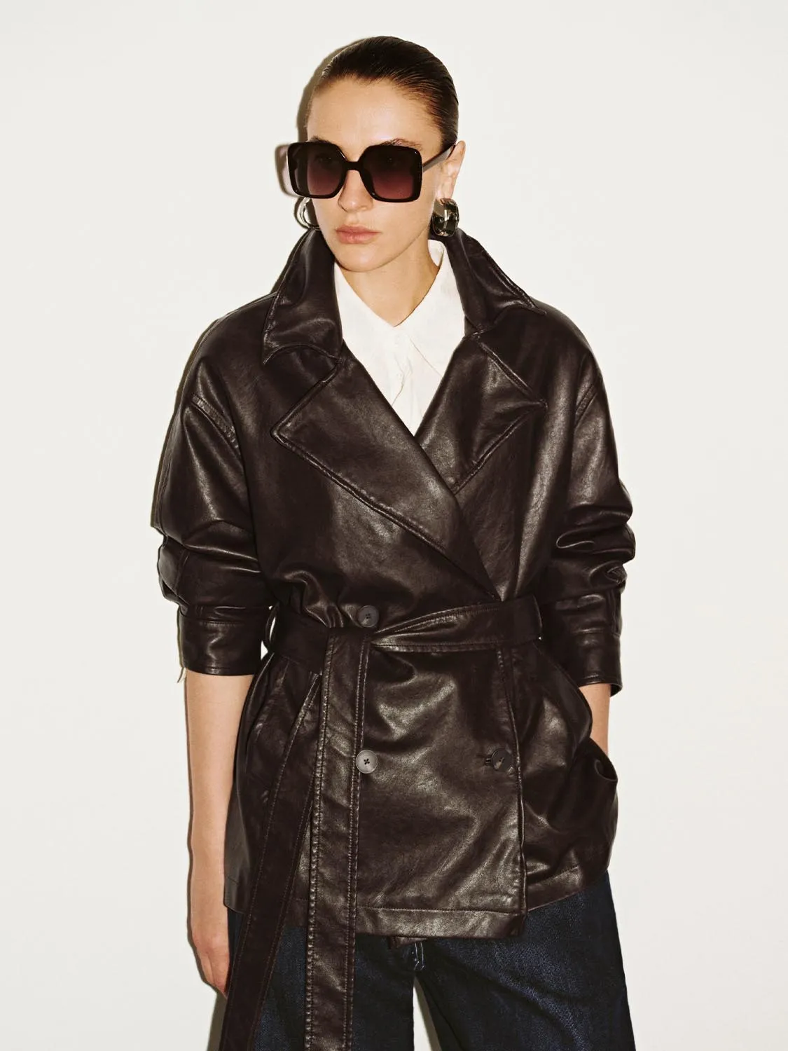 Double Breasted Belted Faux Leather Jackets sold by Urban Revivo