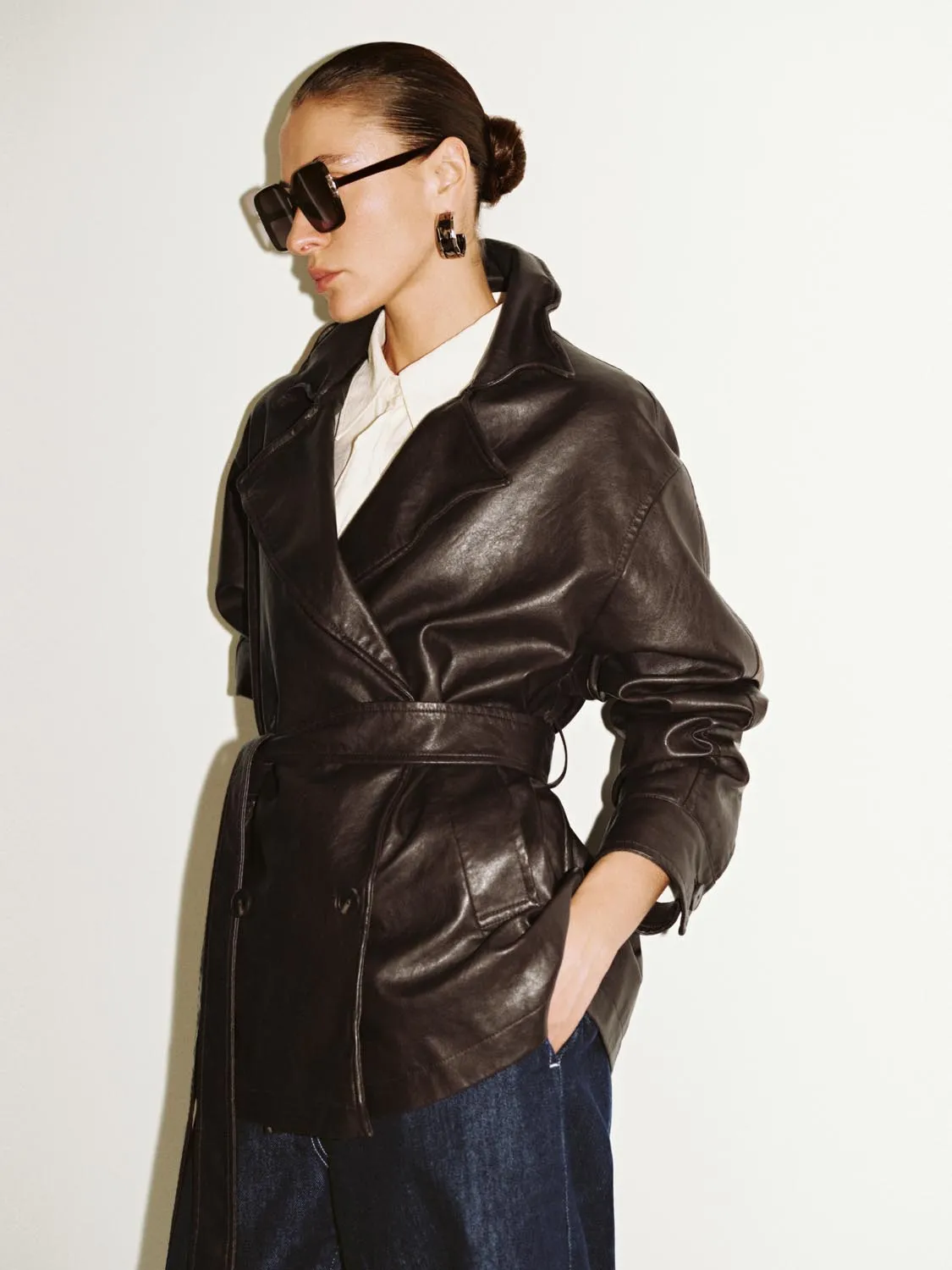 Double Breasted Belted Faux Leather Jackets sold by Urban Revivo product image thumbnail 2