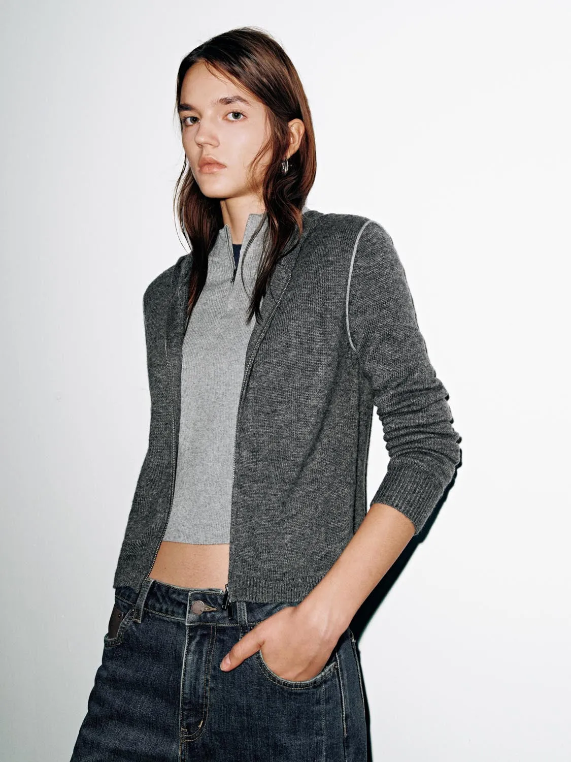 Wool Blend Hooded Zip Up Long Sleeve Knitted T-Shirts sold by Urban Revivo product image thumbnail 2