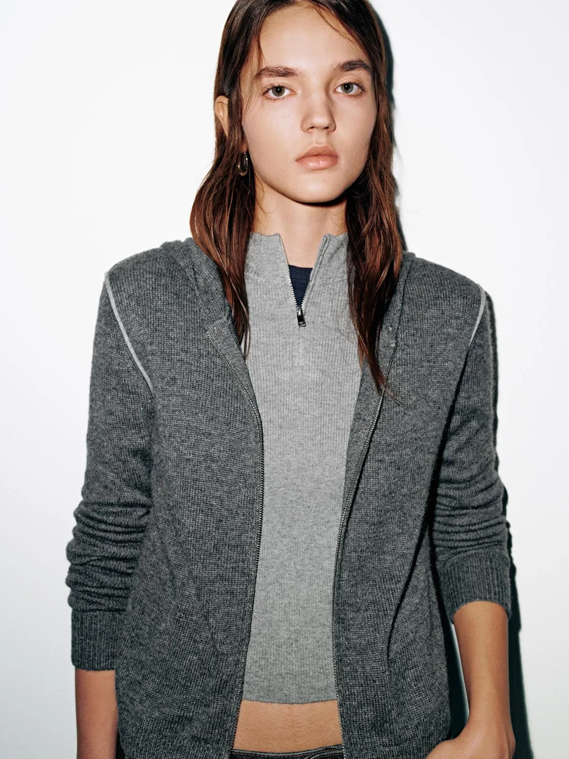 Wool Blend Hooded Zip Up Long Sleeve Knitted T-Shirts sold by Urban Revivo product image thumbnail 3