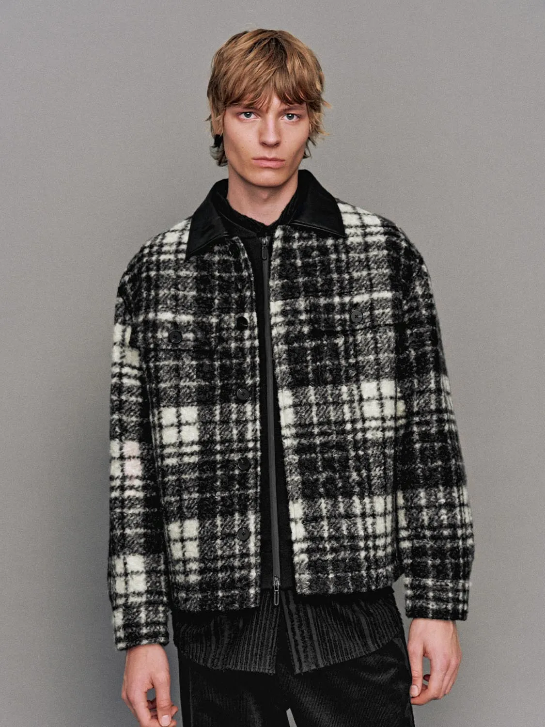 Faux Leather Collar Check Jackets sold by Urban Revivo