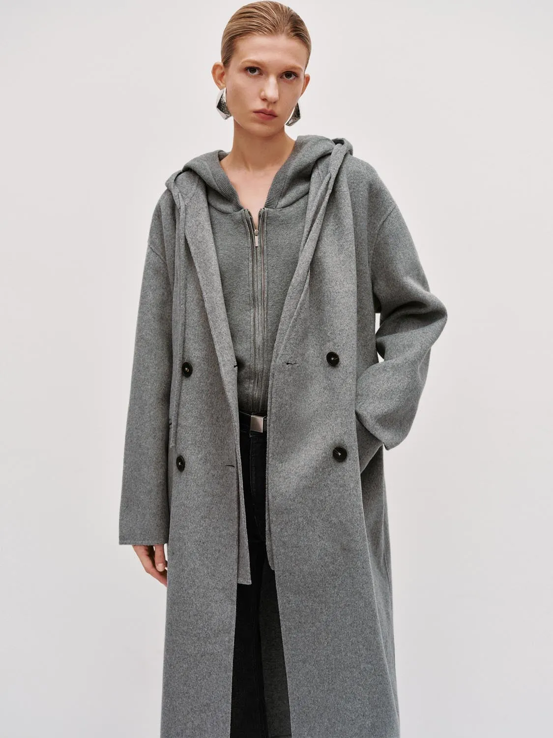 Wool Blend Double Breasted Drawstring Oversize Hooded Coats sold by Urban Revivo product image thumbnail 2
