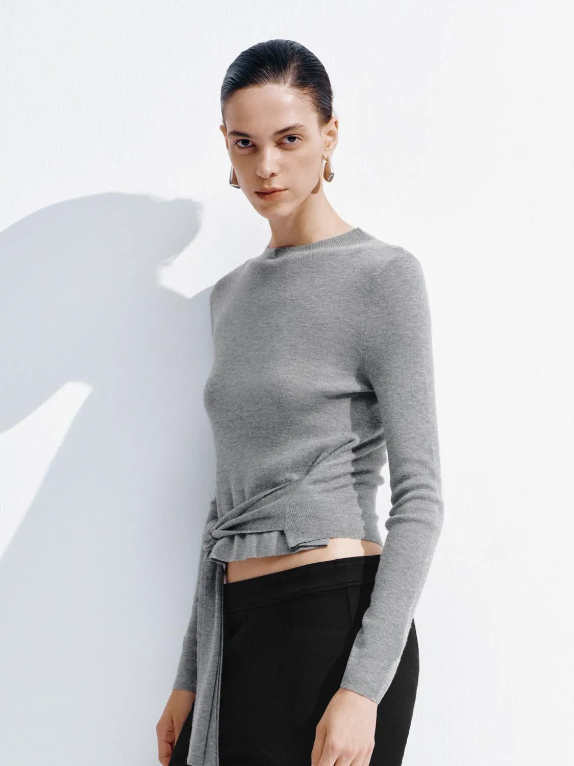 Wool Blend Tie Front Long Sleeve Knitted T-Shirts sold by Urban Revivo product image thumbnail 2