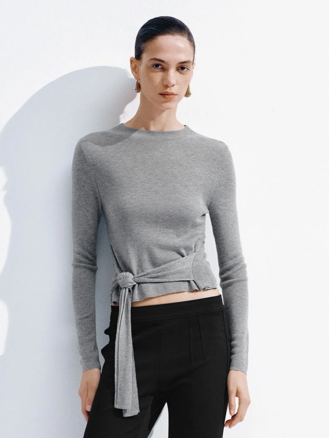 Wool Blend Tie Front Long Sleeve Knitted T-Shirts sold by Urban Revivo