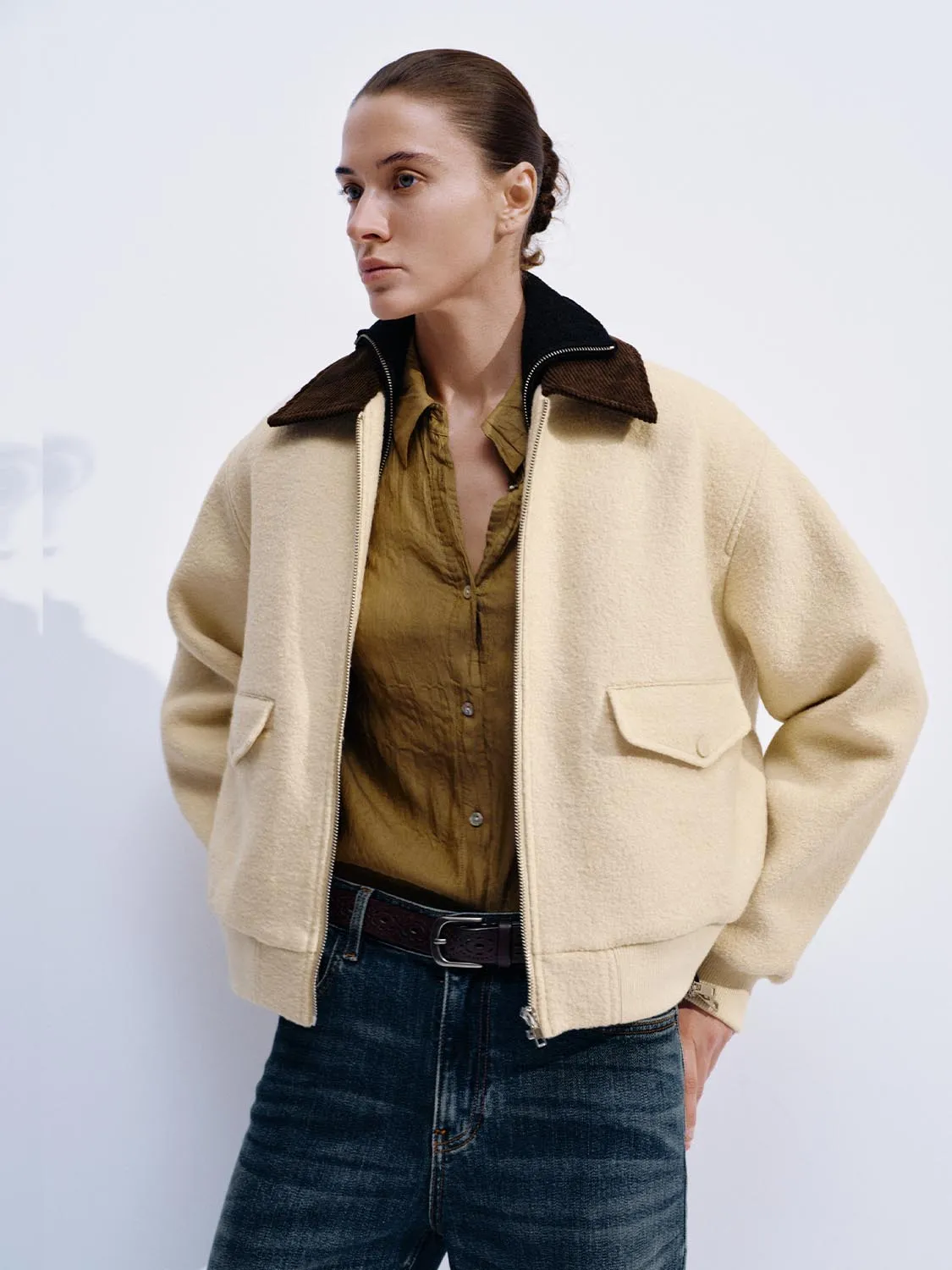 Wool Blend Flap Pockets Contrast Collar Bomber Jackets sold by Urban Revivo