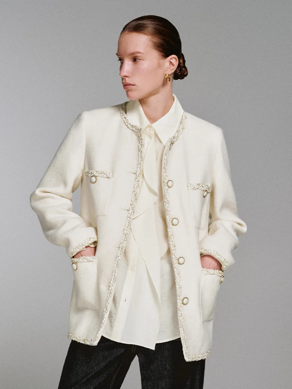 Wool Blend Raw Hem Patch Pocket Tweed Jackets sold by Urban Revivo