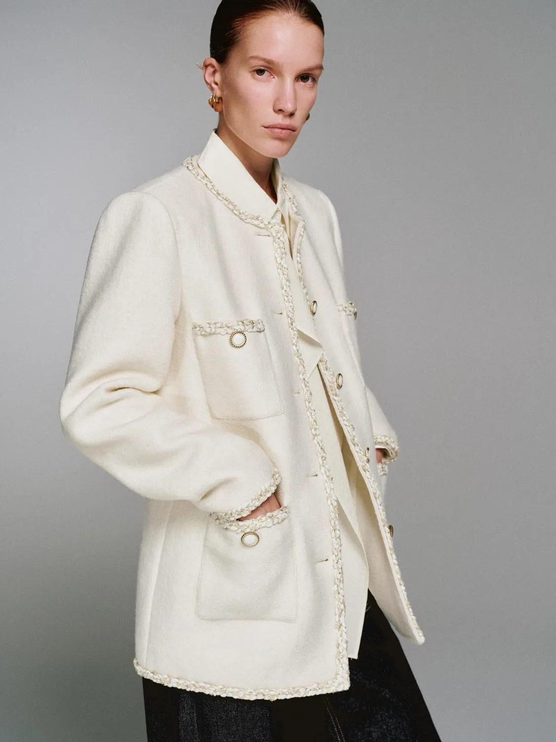 Wool Blend Raw Hem Patch Pocket Tweed Jackets sold by Urban Revivo product image thumbnail 2