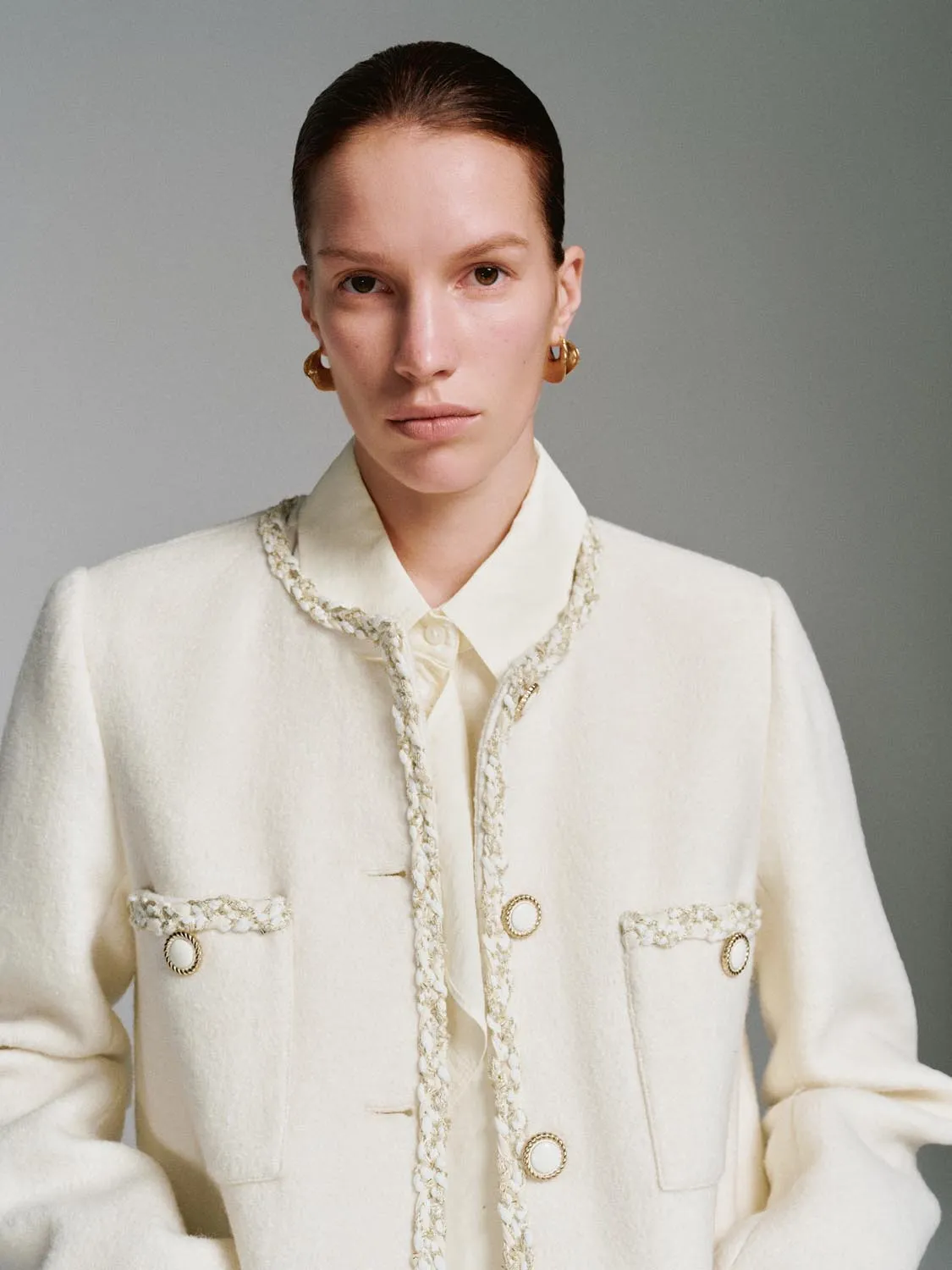 Wool Blend Raw Hem Patch Pocket Tweed Jackets sold by Urban Revivo product image thumbnail 3