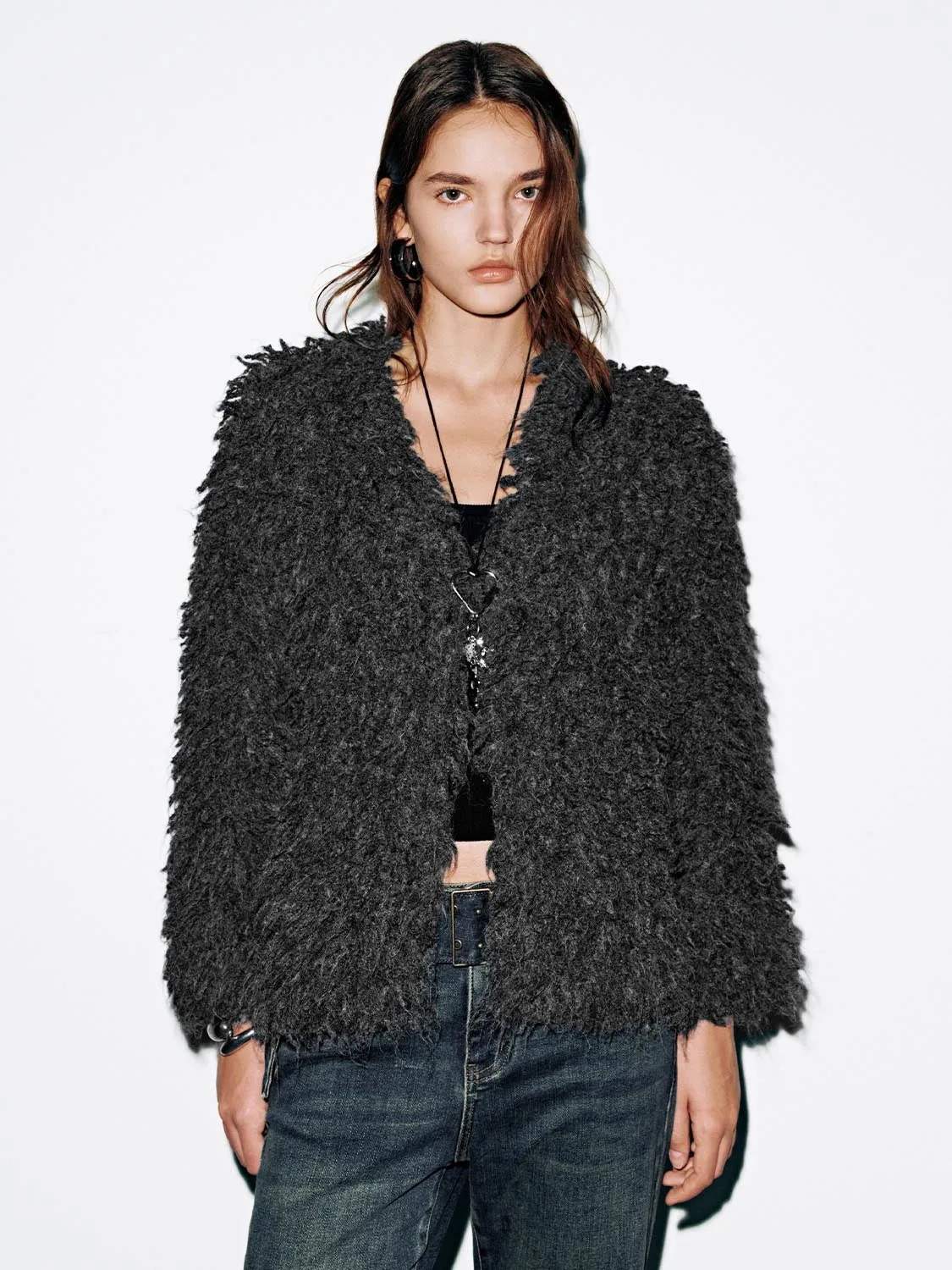 V-Neck Fluffy Knitted Cardigans sold by Urban Revivo