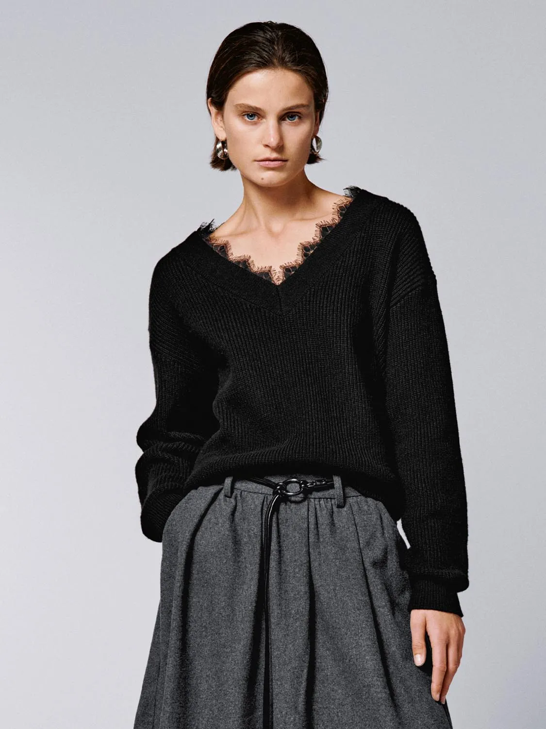 Lace Trim V-Neck Long Sleeve Knitted T-Shirts sold by Urban Revivo