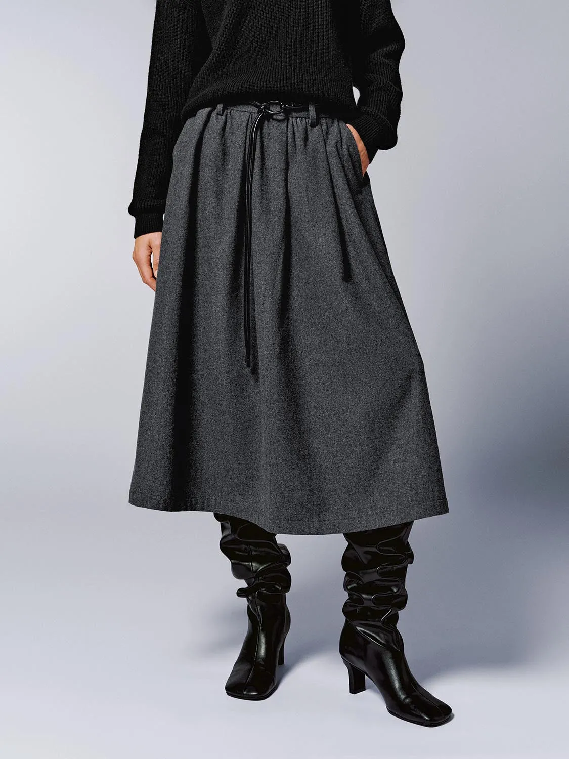 Wool Blend Belted Pleated A-Line Midi Skirts sold by Urban Revivo