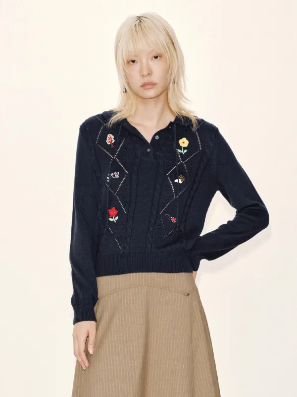 Polo Neck Embroidered Long Sleeve Knitted T-Shirts sold by Urban Revivo