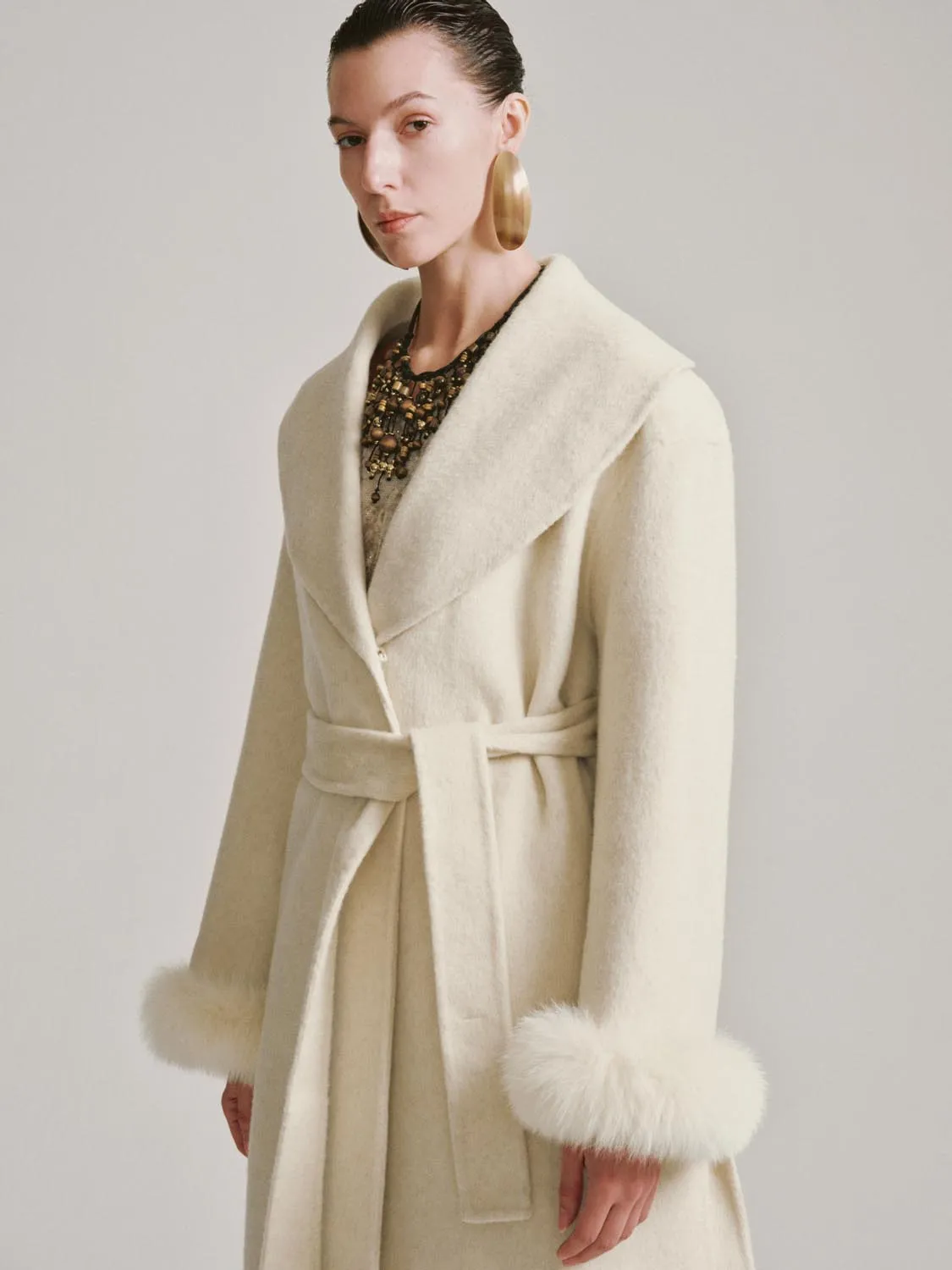 Large Lapel Faux Fur Trim Wool Blend Belted Coats sold by Urban Revivo product image thumbnail 2
