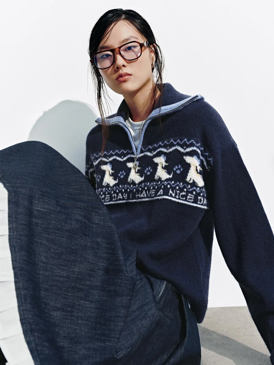 Intarsia Half Zip Long Sleeve Knitted T-Shirts sold by Urban Revivo product image thumbnail 2