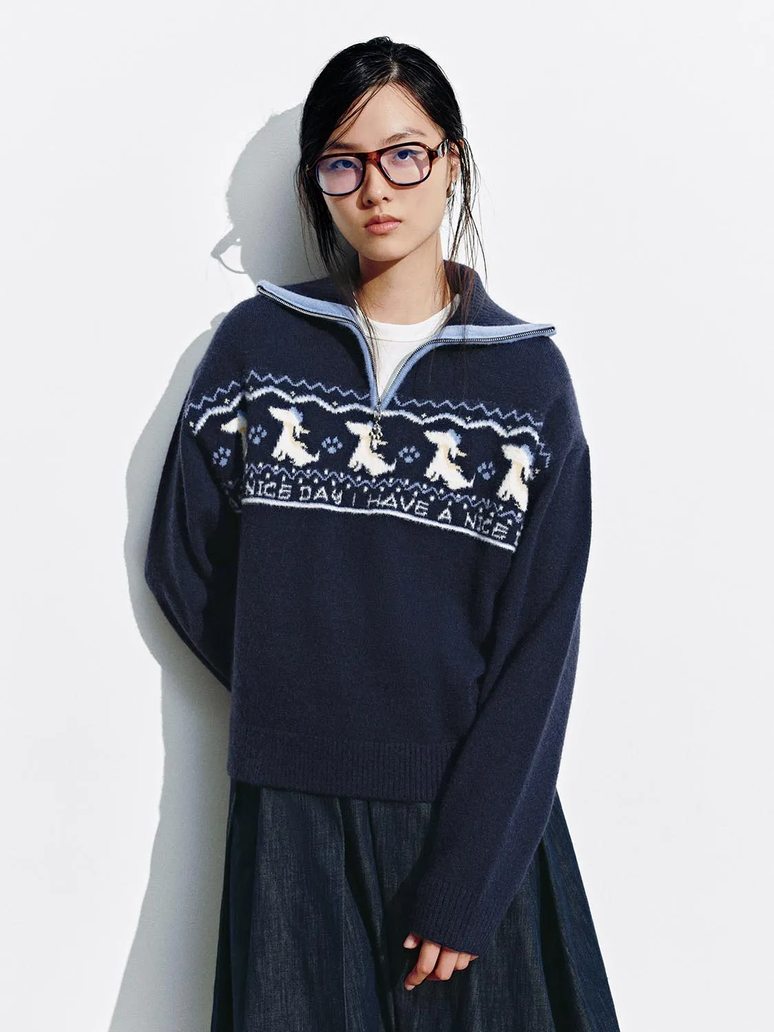 Intarsia Half Zip Long Sleeve Knitted T-Shirts sold by Urban Revivo