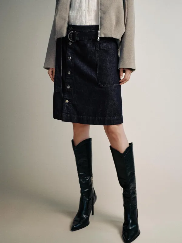 Belted Button Detail Denim Midi Skirts sold by Urban Revivo
