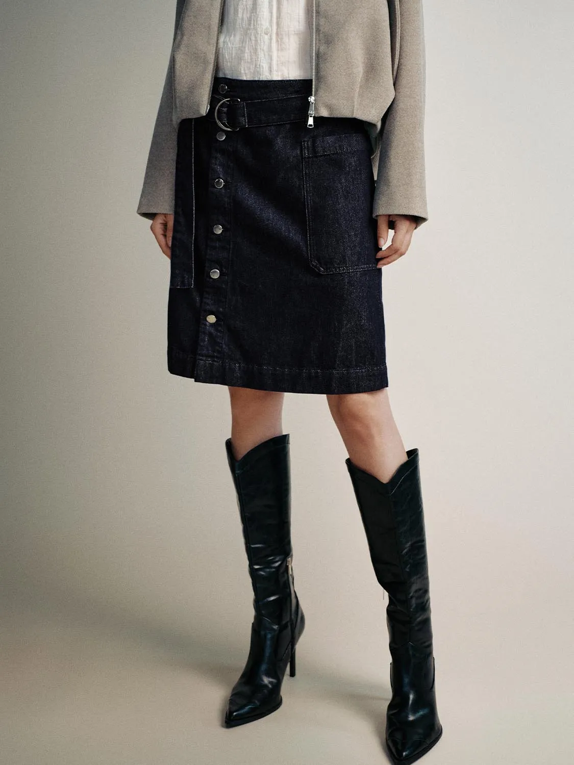 Belted Button Detail Denim Midi Skirts sold by Urban Revivo